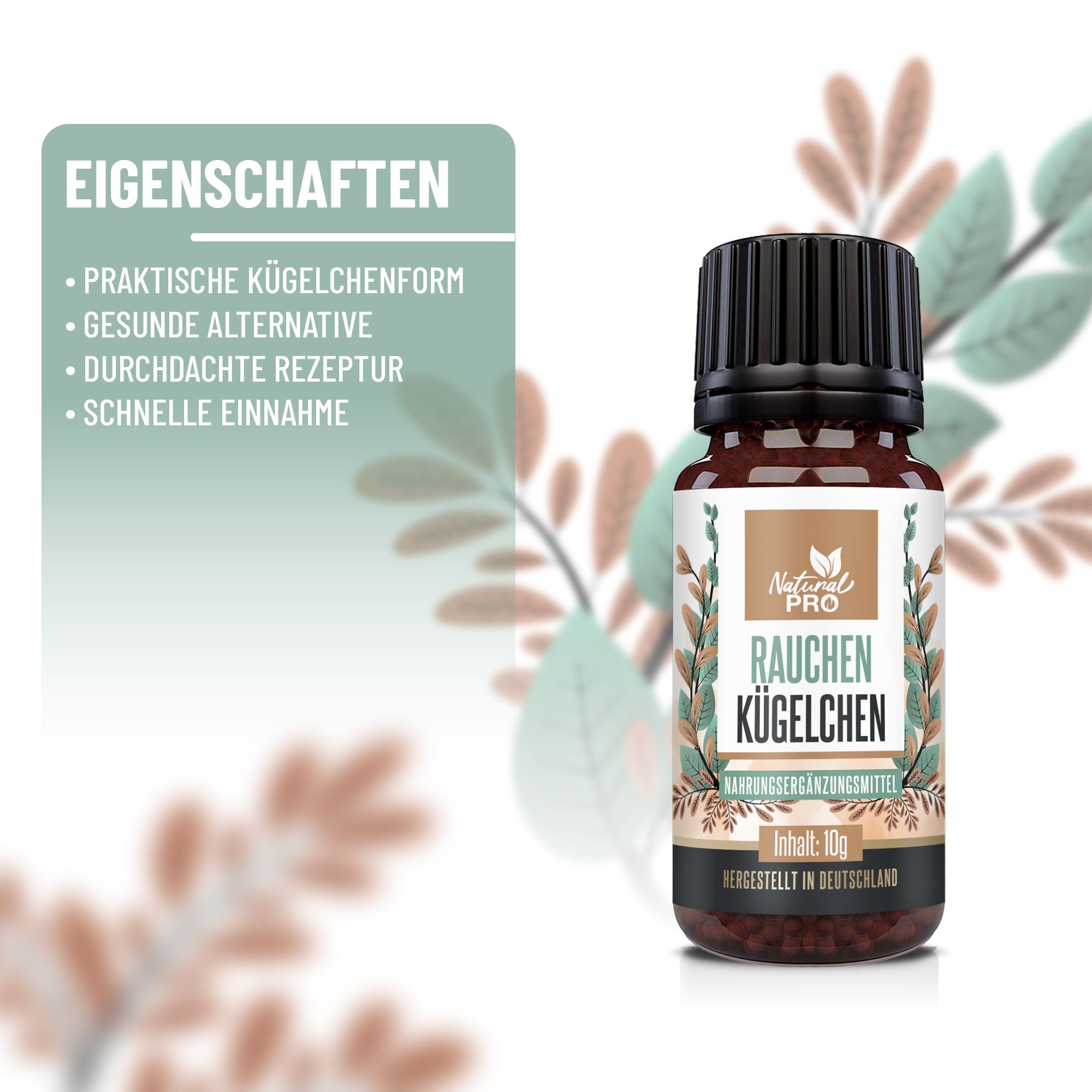 Flasche "Rauchen Kügelchen" mit Eigenschaften. Braune Flasche mit schwarzem Deckel, Text auf Deutsch.