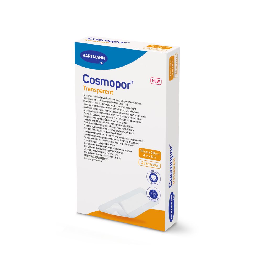 Verpackung von Cosmopor Transparent Wundverband. Enthält 25 Stück. Größe: 10x20cm. Marke Hartmann. Mit Logo und Produktbezeichnung.