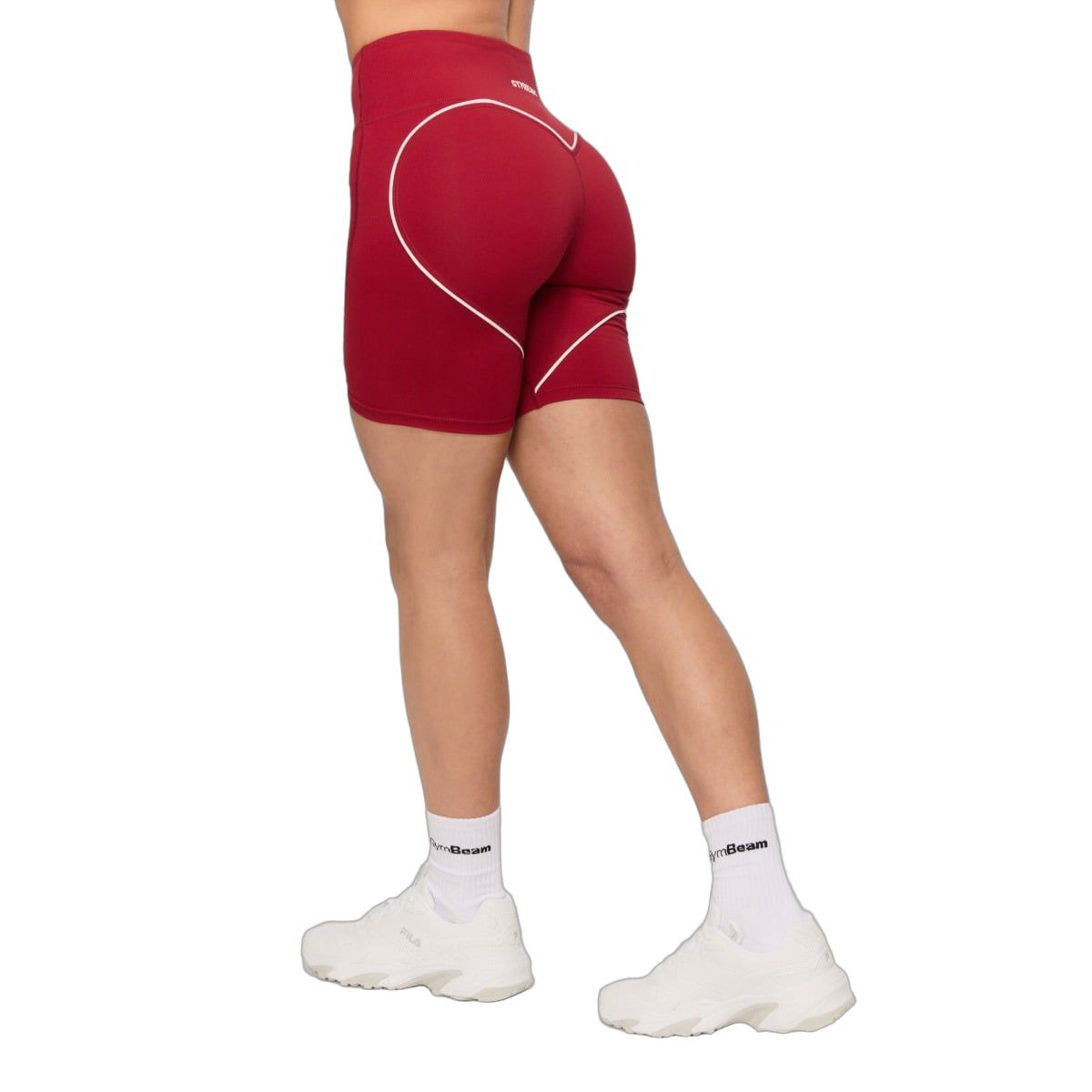 Rote Damen-Shorts mit weißer Herz-Applikation am Gesäß und Gummizug.