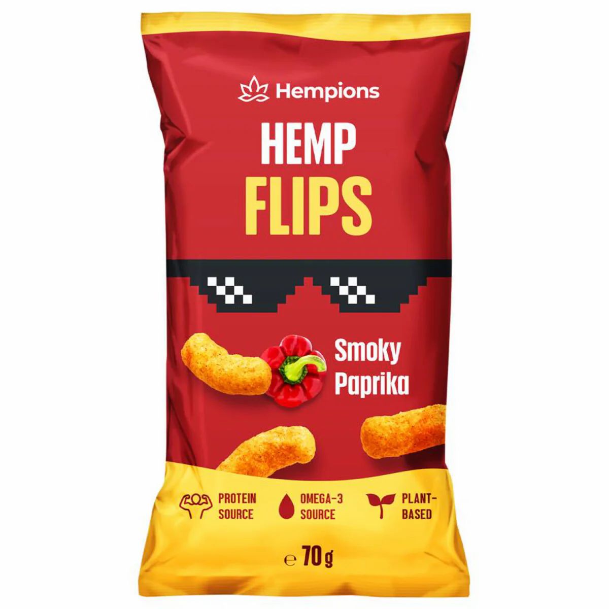Rote Verpackung Hempions Hemp Flips Smoky Paprika. Produkt mit Paprika-Abbildung. Enthält Protein, Omega-3 und ist pflanzlich.
