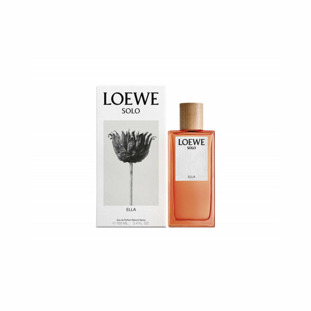 Loewe Solo Ella Eau de Parfum Spray. Flakon und Verpackung. Aufschrift: Loewe Solo, Ella. Abbildung einer Blume auf der Verpackung.