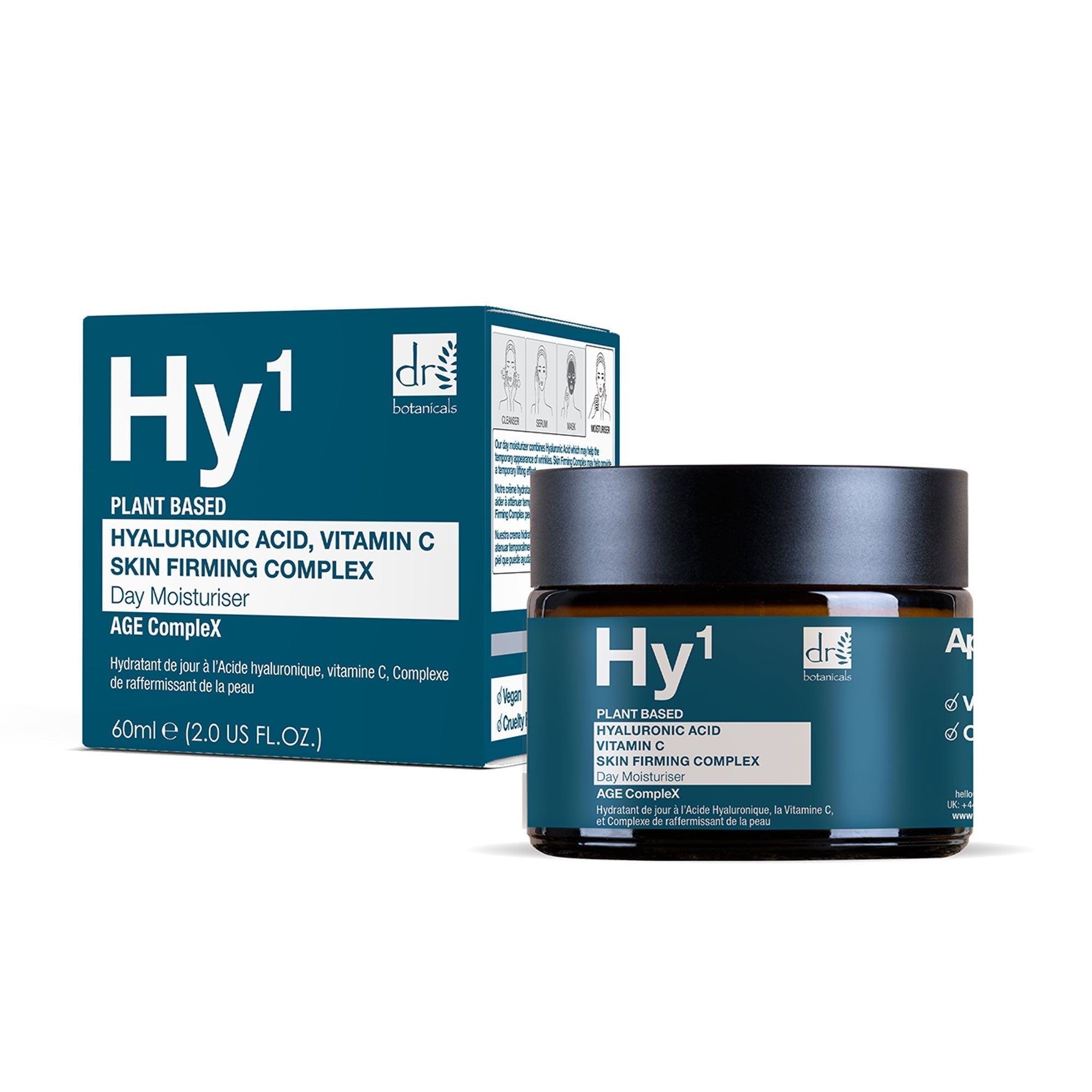 Tiegel und Schachtel mit Aufschrift Hy1, Dr Botanicals, Hyaluronsäure, Vitamin C. Schwarzer Deckel, blaue Etiketten.