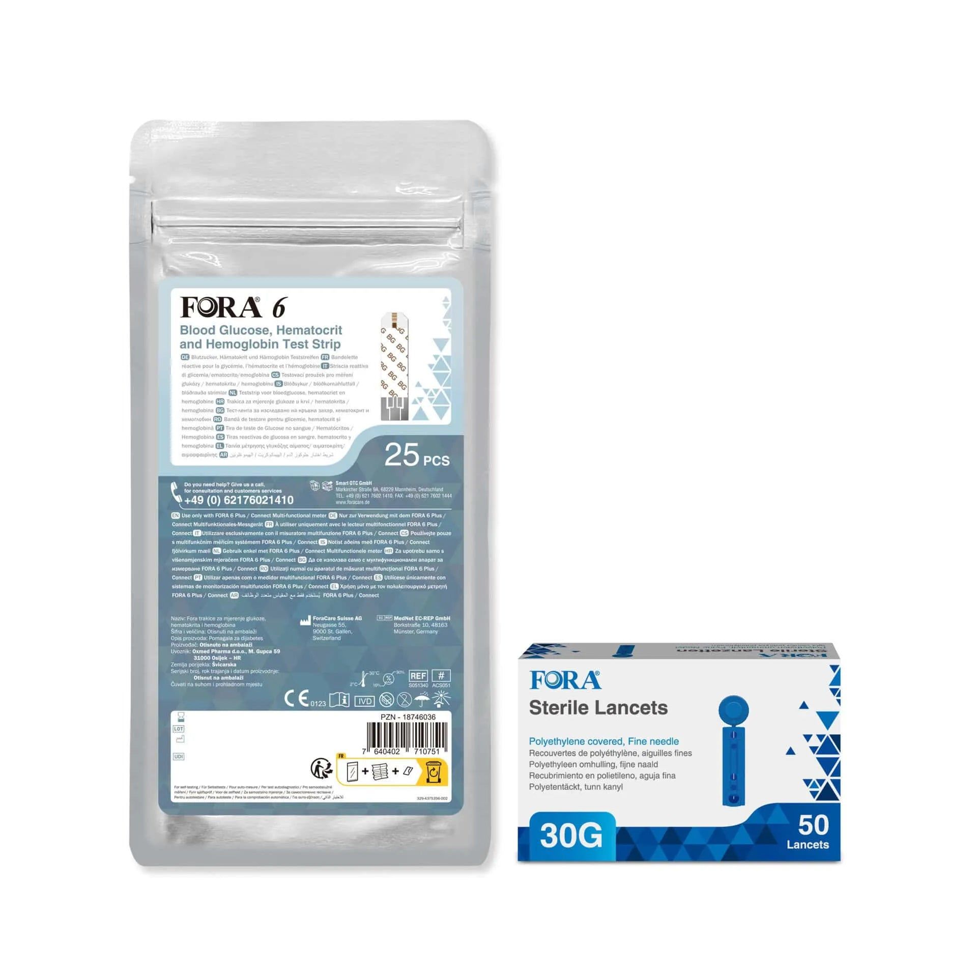 FORA 6 Teststreifen und FORA 30G Lanzetten, CE-zertifiziert.