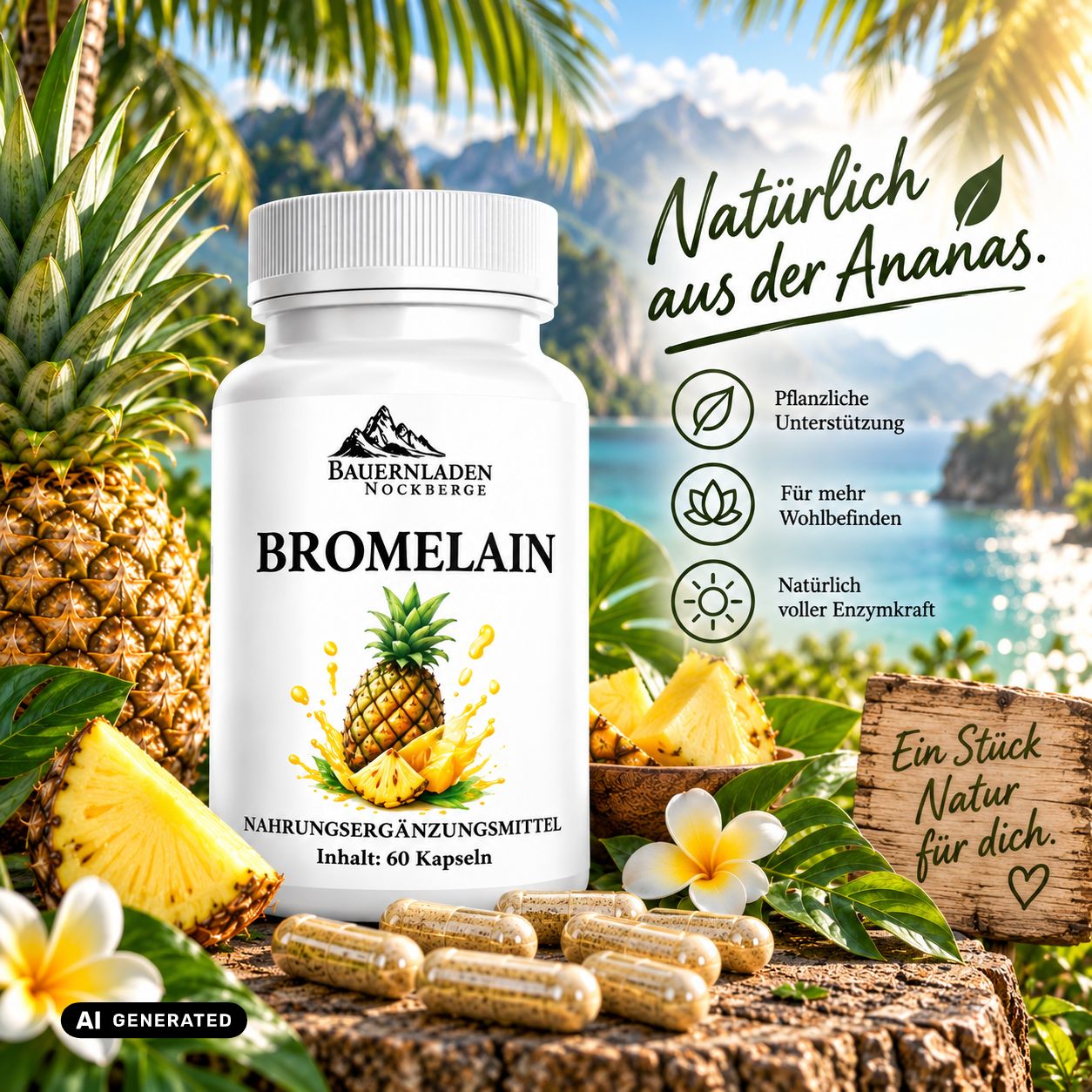 Bromelain-Kapseln von Bauernladen Nockberge, 60 Stück, mit Ananas-Motiv.