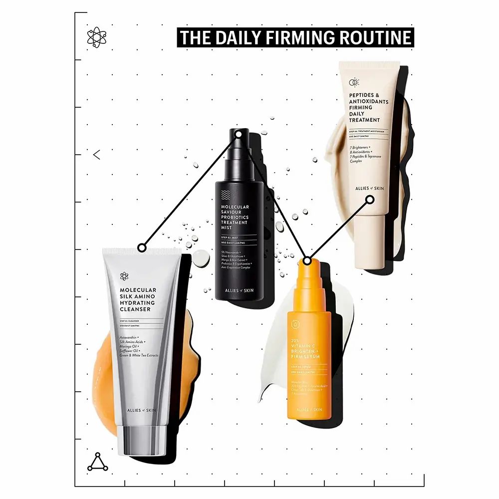 Vier Produkte auf weißem Hintergrund. Enthalten „Molecular Silk Amino Hydrating Cleanser“ und weitere Produkte.