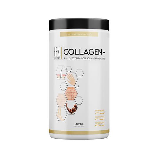 Weißer Behälter mit schwarzem Deckel. Aufschrift: HBN Collagen+. Illustrationen von Haut, Haaren und Knochen. Goldener Boden.