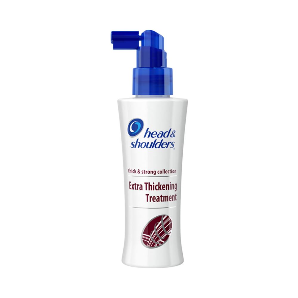 Weiße Flasche mit blauem Pumpkopf. Aufschrift: Head & Shoulders, Extra Thickening Treatment.