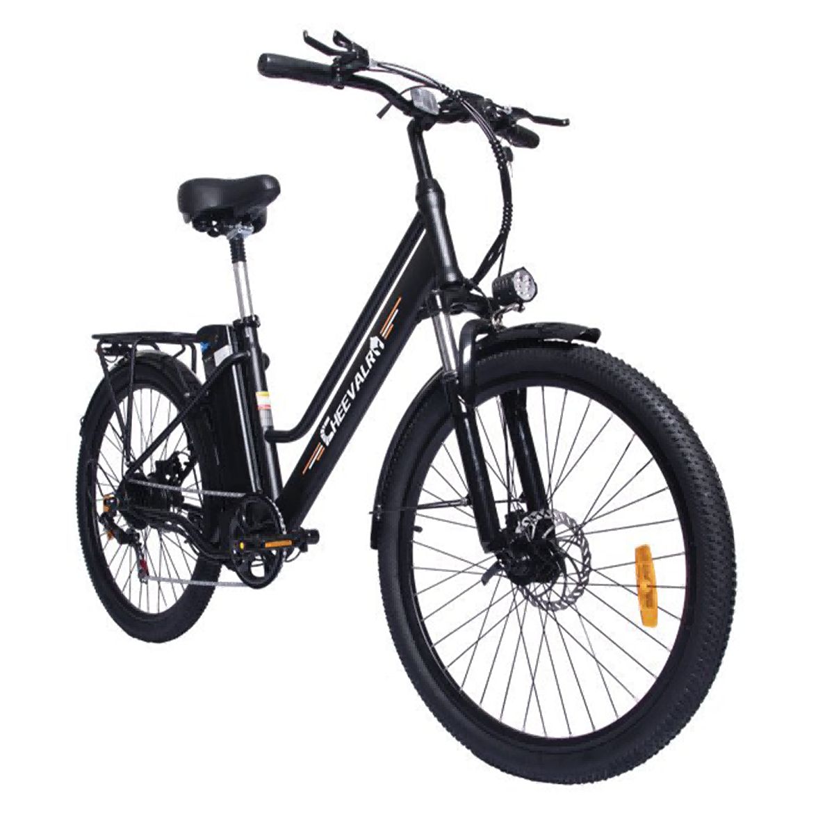 Schwarzes Elektrofahrrad mit Frontscheinwerfer. Marke Cheevalry.