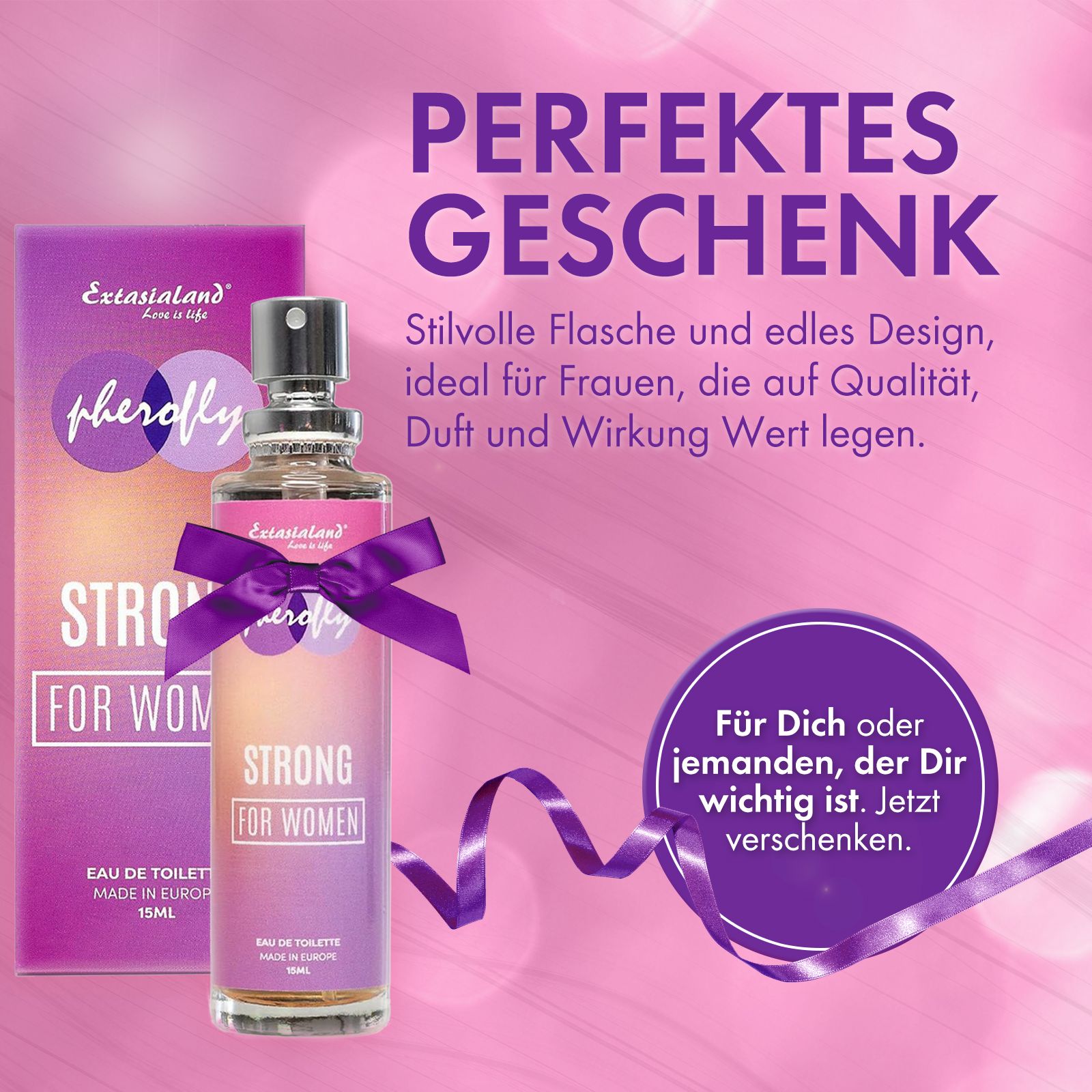 Parfumflasche mit Schleife. Lila Etikett mit Produktnamen. Verpackung mit Produktnamen. Lila Band.