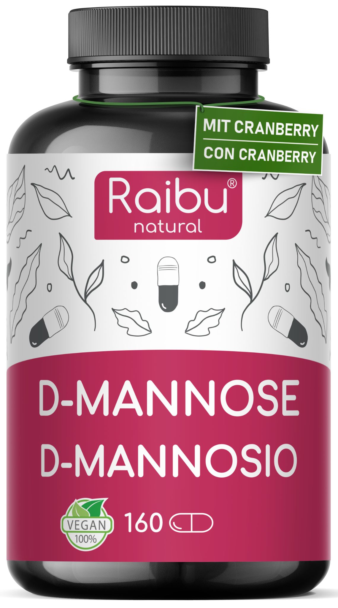 D-Mannose Kapseln mit Cranberry, 160 Stück, vegan, hochdosiert.