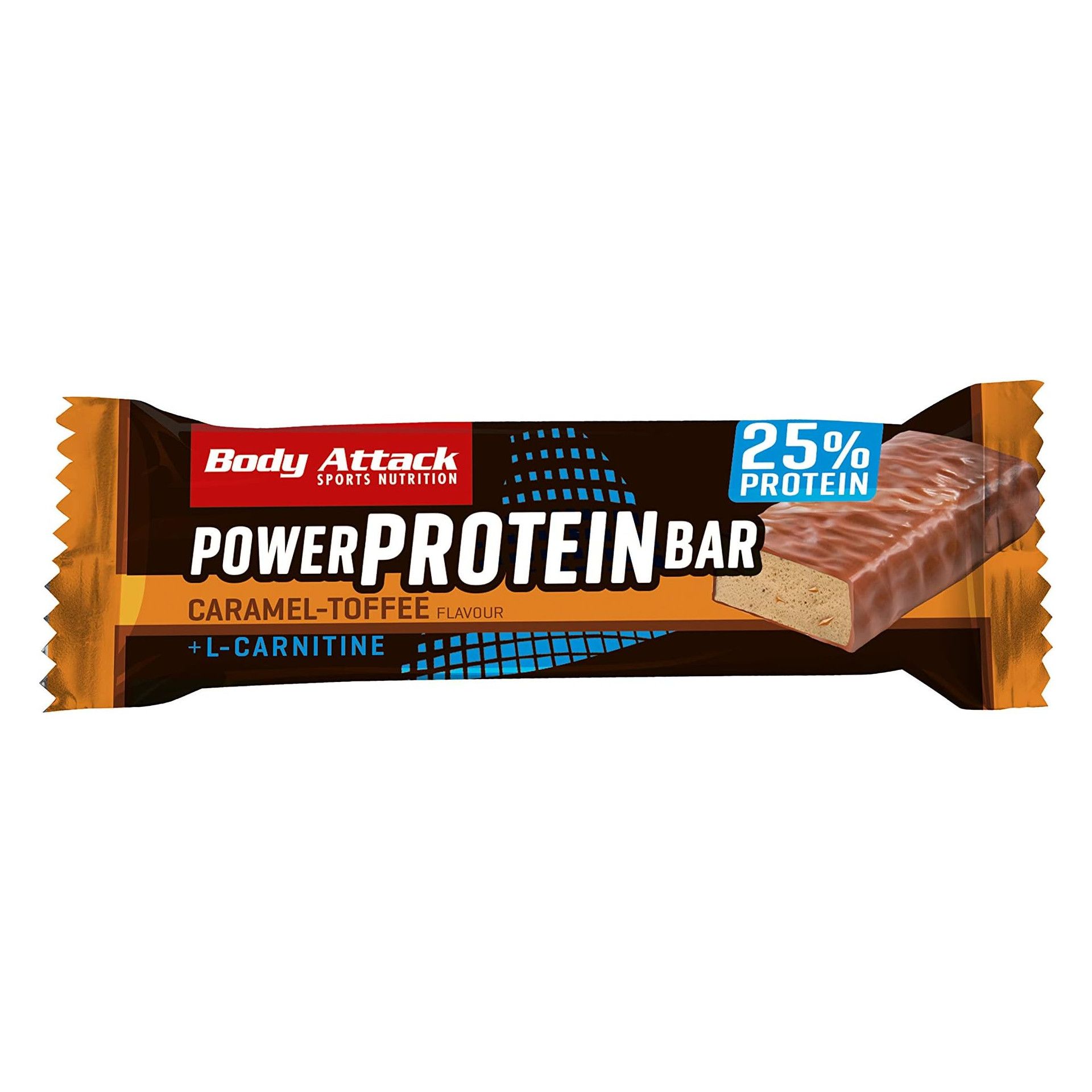 Verpackte Power Protein Bar. Aufschrift: Caramel-Toffee, +L-Carnitin, 25% Protein. Marke: Body Attack.