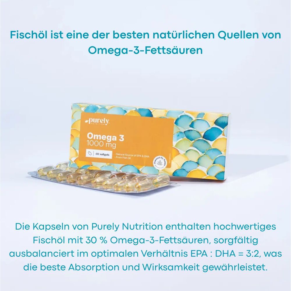 Packung Purely Omega-3 1000 mg. Kapseln. Text: Fischöl ist eine der besten natürlichen Quellen von Omega-3-Fettsäuren.
