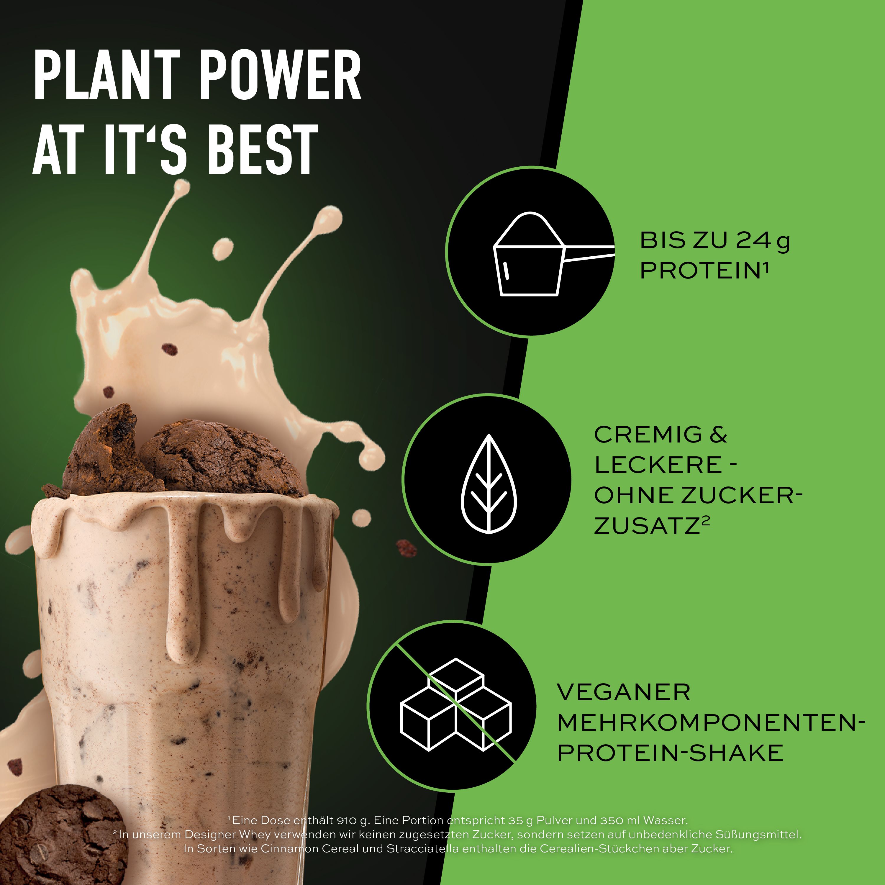 Grafik mit Informationen über veganes Protein. Enthält Aussagen über Protein, Cremigkeit, Zuckerzusatz und Mehrkomponenten-Protein-Shake.