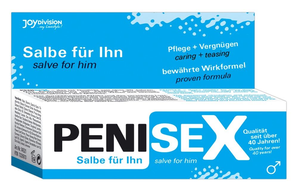 Karton PENISEX Salbe für ihn. Blaue und weiße Verpackung. Text: Pflege + Vergnügen, bewährte Wirkformel, Qualität seit über 40 Jahren.