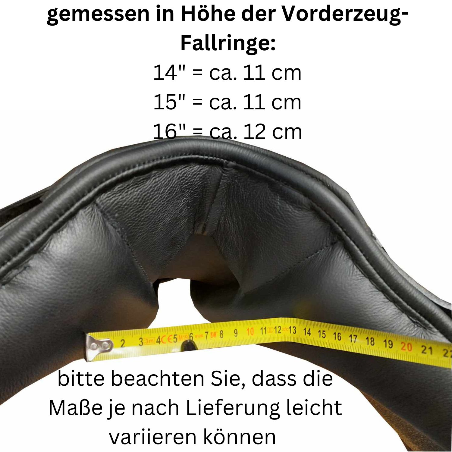 Nahaufnahme des Sattels. Text: Messungen in cm. 14"=ca.11cm, 15"=ca.11cm, 16"=ca.12cm. Gelbes Maßband.