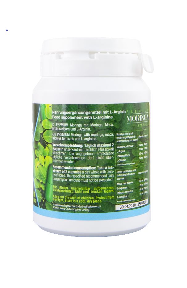 Weiße Flasche MORINGA + MACA. Enthält 60 Kapseln. Grün und weißes Etikett mit Produktinformationen.