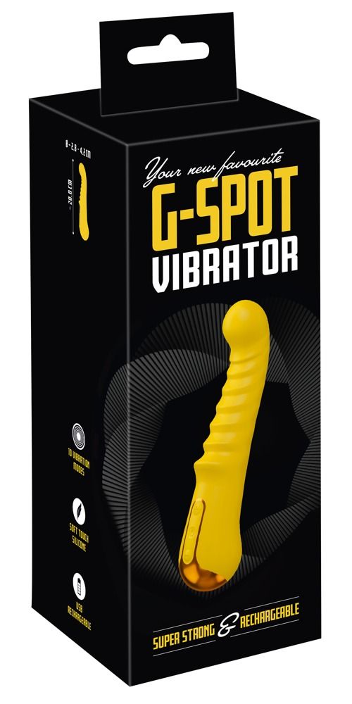 Schwarze Verpackung mit Produktabbildung. Text: G-SPOT VIBRATOR, 10 Vibrationsmodi, USB, wiederaufladbar.