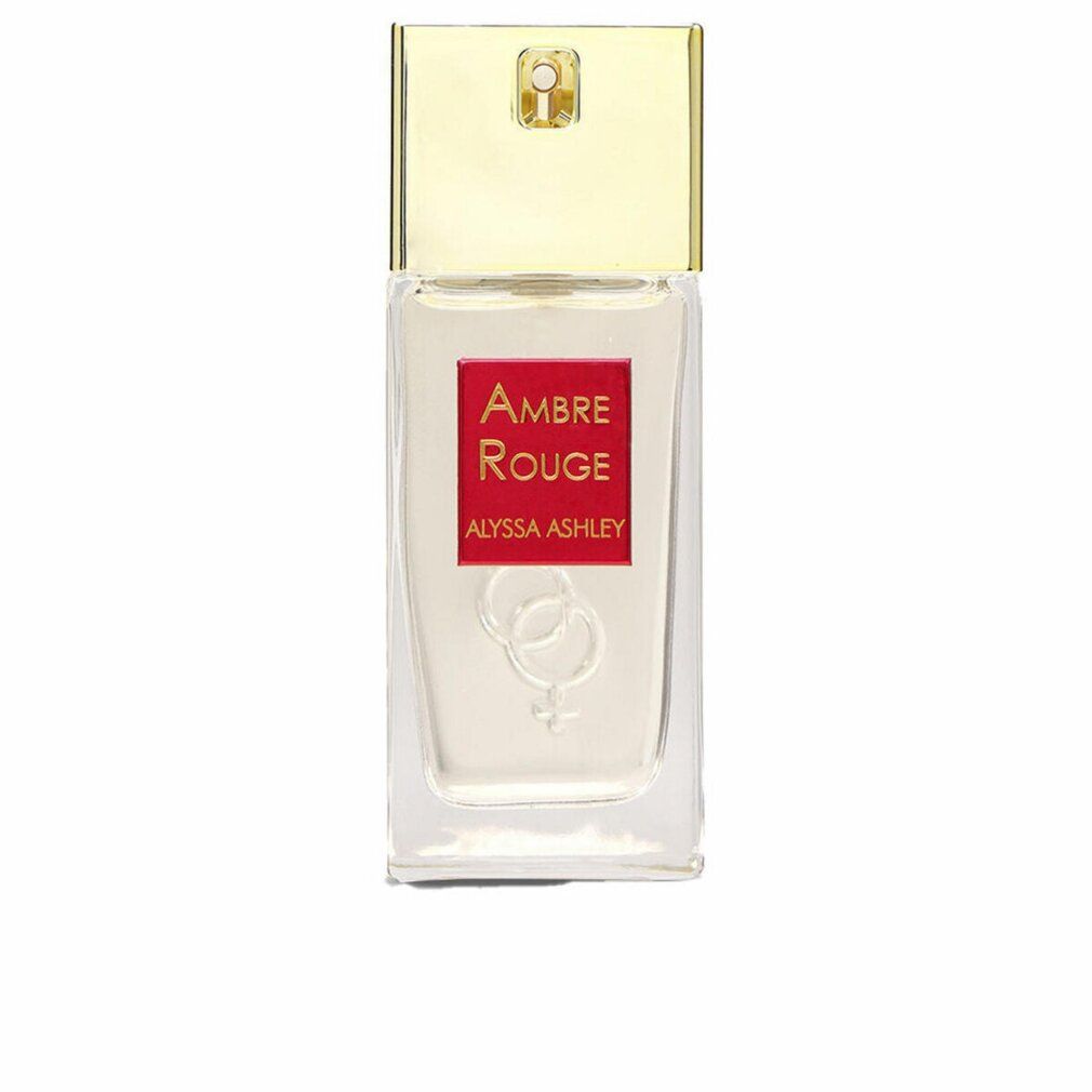 Alyssa Ashley Ambre Rouge Edp Spray. Rechteckiger Glasflakon mit goldfarbenem Deckel. Rotes Etikett mit Produktnamen und Logo.