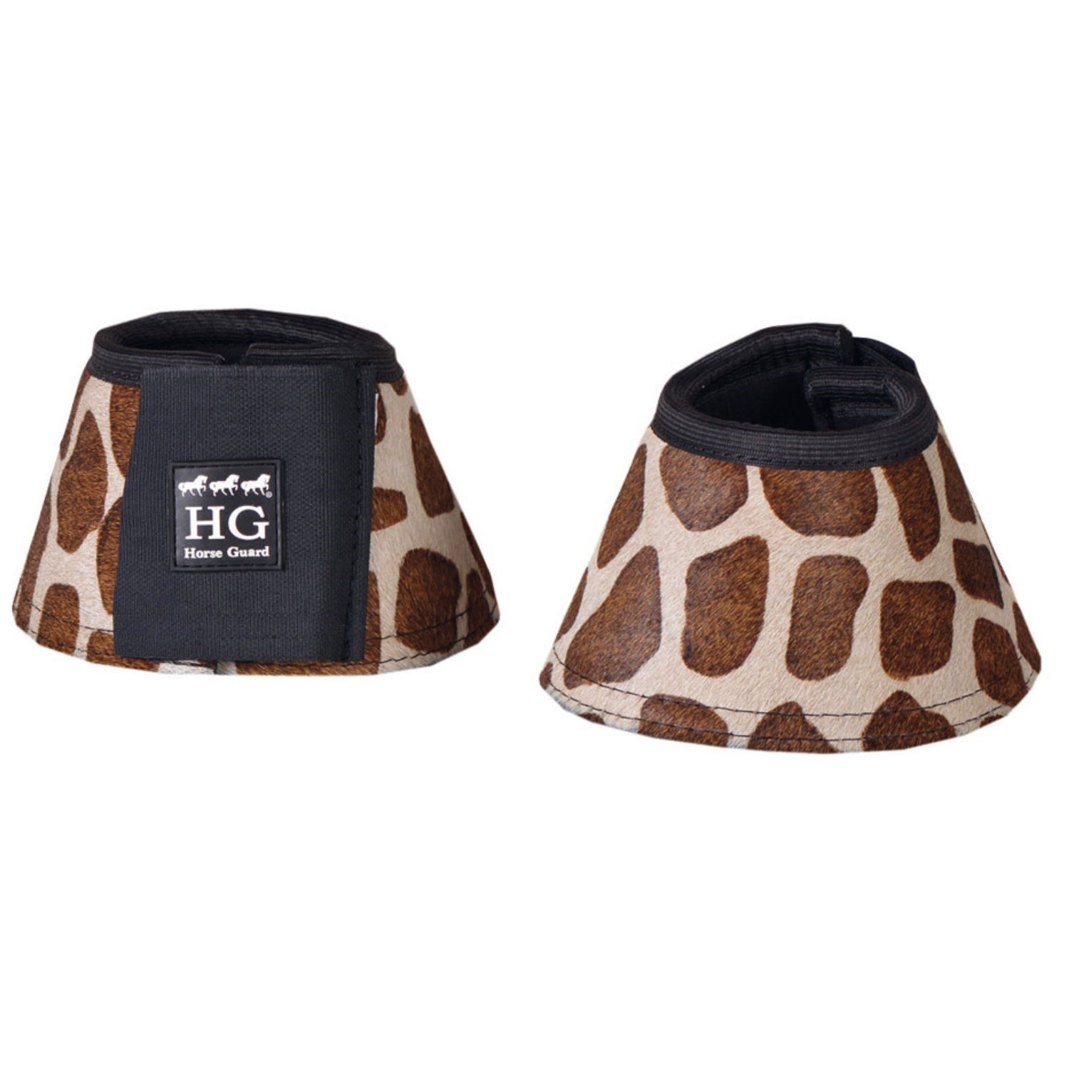 Zwei Hufglocken mit Giraffenmuster. Schwarzer Klettverschluss mit HG Horse Guard Logo. Braune und beige Flecken.