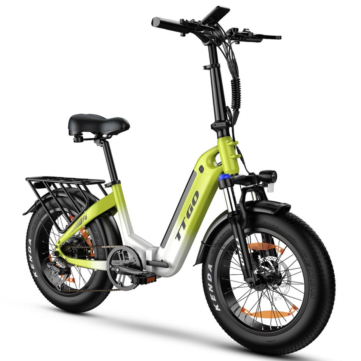 Faltbares E-Bike, grün-weiß, mit Gepäckträger, schwarzem Sattel und Reifen. Marke TTGO, Modell F6.