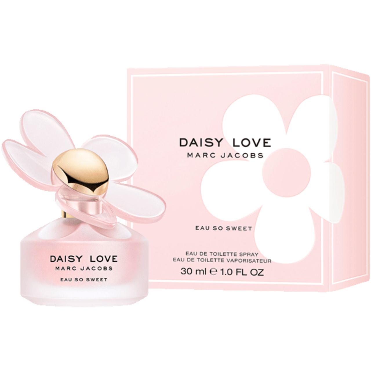 Rosa Flakon und Schachtel. Flakon mit goldfarbenem Verschluss und Blüten-Applikation. Aufschrift: Daisy Love Eau So Sweet.