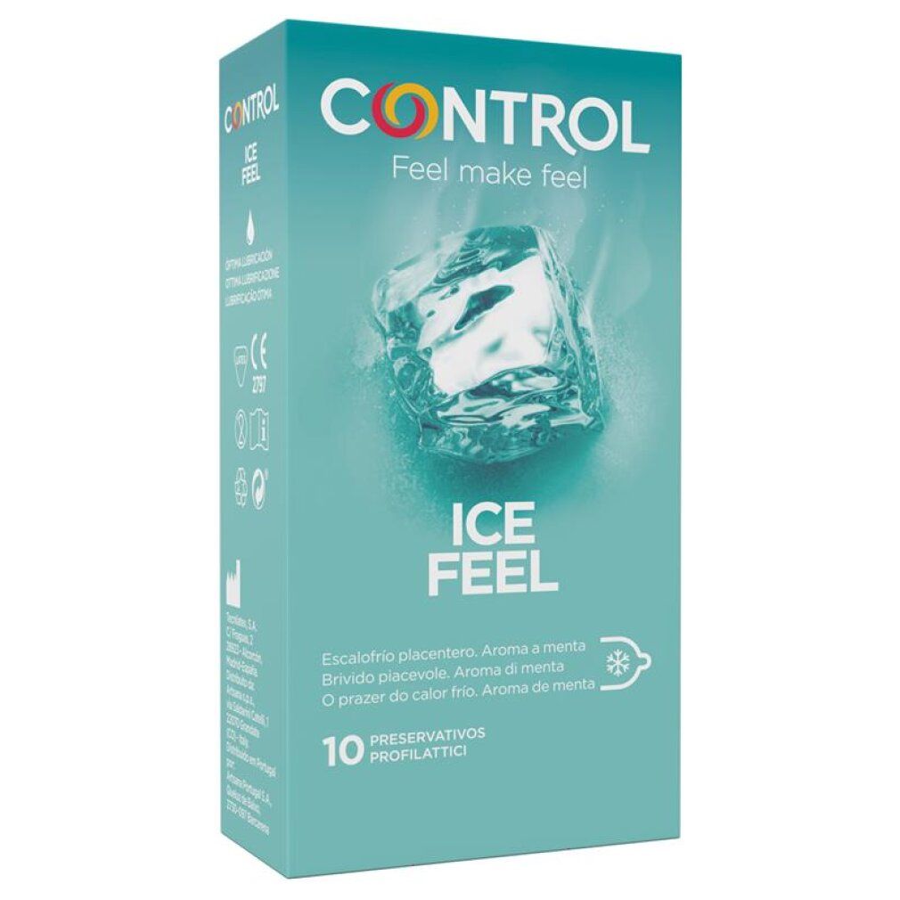 Vorderseite der Verpackung von Control Ice Feel Kondomen mit Eiswürfel-Design.