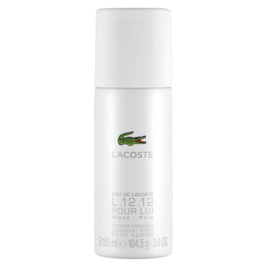 Weißes Deo-Spray mit weißem Deckel. Lacoste-Logo und Produktbezeichnung. Text: Eau de Lacoste L.12.12 Pour Lui Blanc. 150 ml.