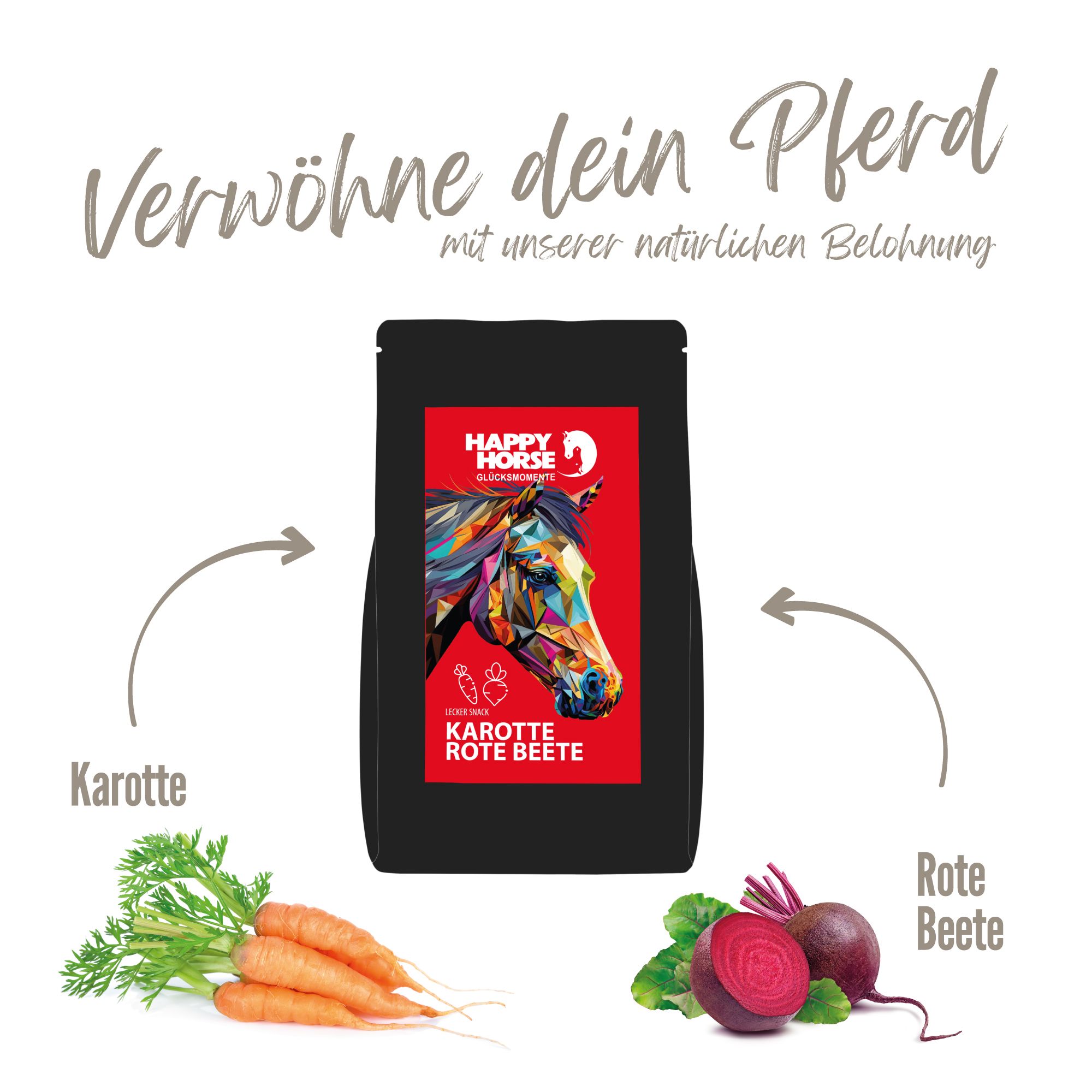 Schwarze Verpackung mit rotem Etikett. Aufschrift: Happy Horse Lecker Snack Karotte Rote Beete. Karotten und Rote Beete daneben.