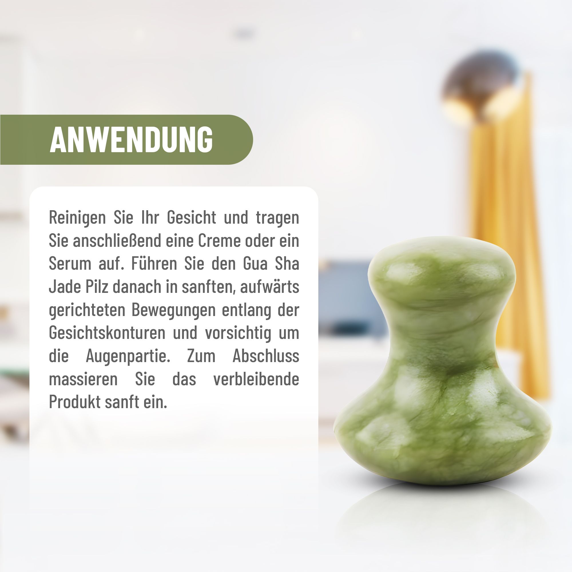 Gua Sha Stein in Pilzform neben Text. Text: Anwendung, Gesicht reinigen, Creme auftragen, sanfte Bewegungen.