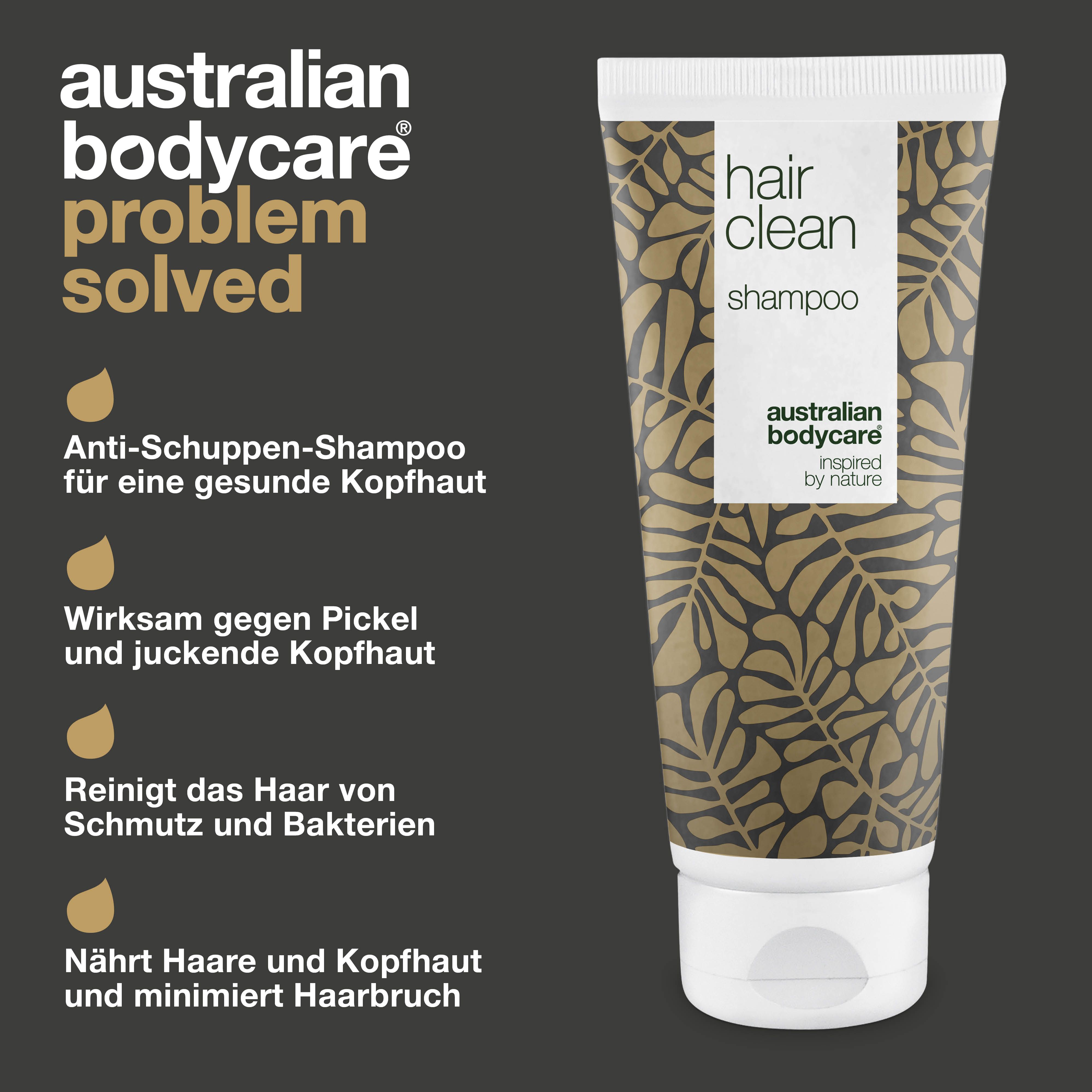 Produkt-Tube. Aufschrift: hair clean shampoo, australian bodycare, anti-Schuppen-Shampoo.