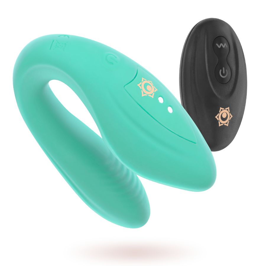 Türkisfarbener Vibrator mit Fernbedienung. Die Fernbedienung ist schwarz und hat ein Symbol.