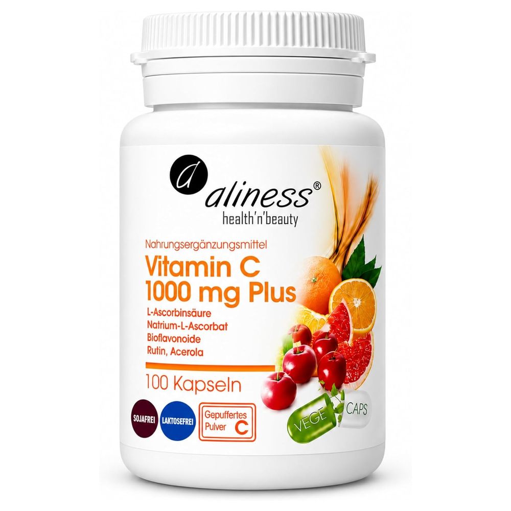 Flasche mit Vitamin C 1000 mg Plus, 100 Kapseln.
