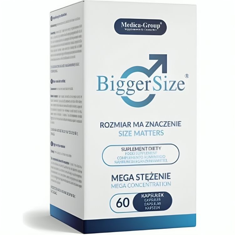 Medica-Group Bigger Size Karton. Weiß mit blauem Logo und Text.