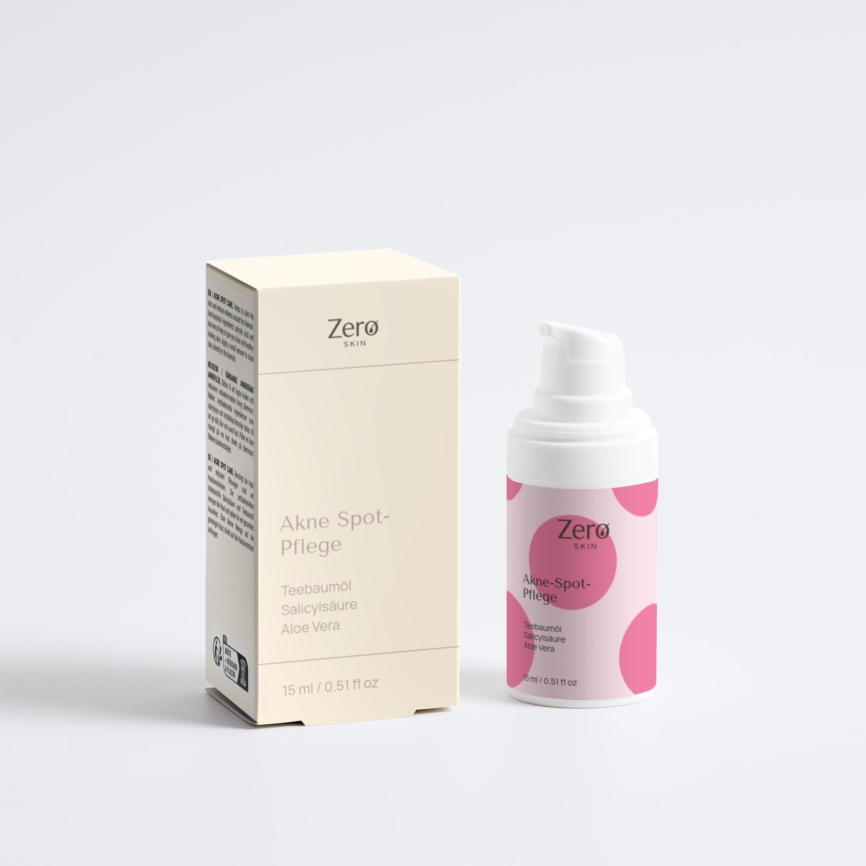 Zero Skin Akne-Spot-Pflege Flasche und Umverpackung.