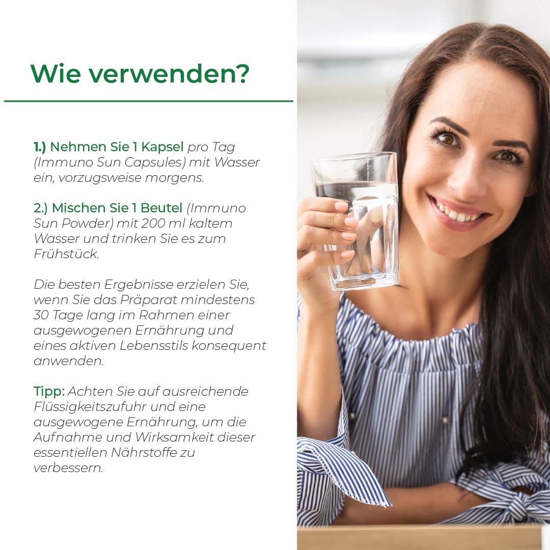 Frau trinkt Wasser neben Anweisungen zur Anwendung von Biostile Immuno Sun Komplett.