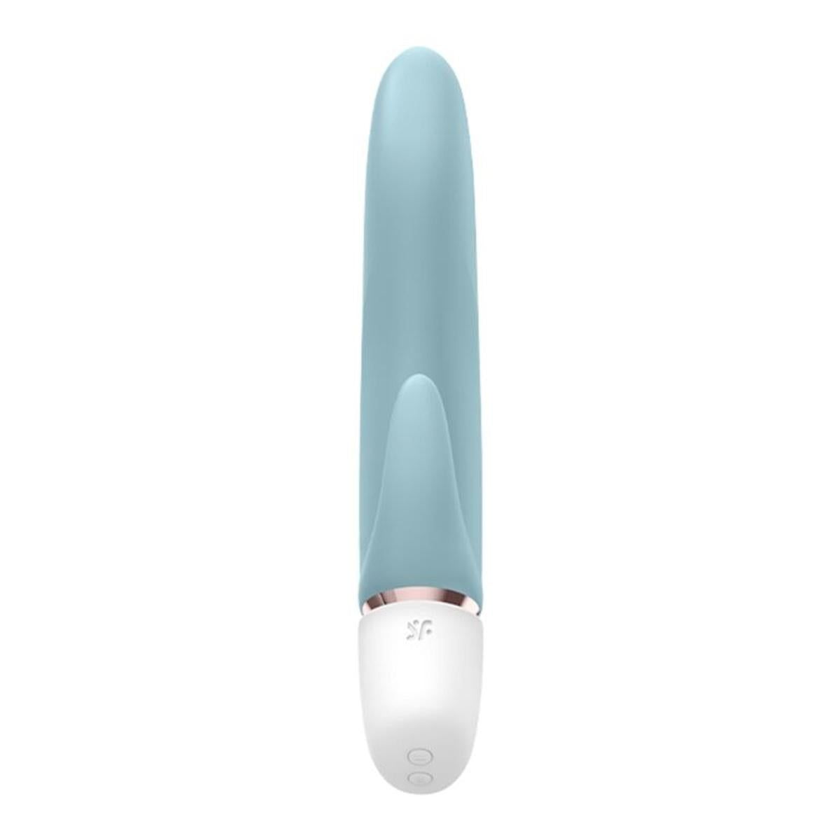 Hellblauer Vibrator mit weißem Sockel und metallischen Akzenten. Zwei Knöpfe am Sockel.