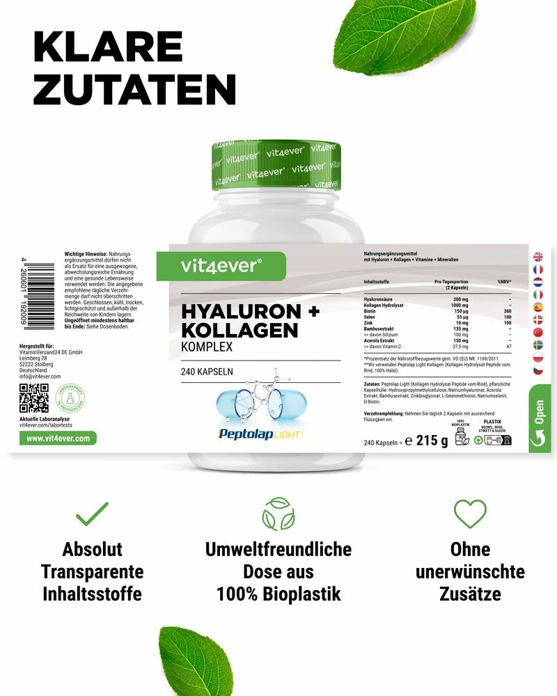 Vit4ever Hyaluron + Kollagen Komplex: Transparente Inhaltsstoffe, umweltfreundliche Dose, ohne Zusätze.