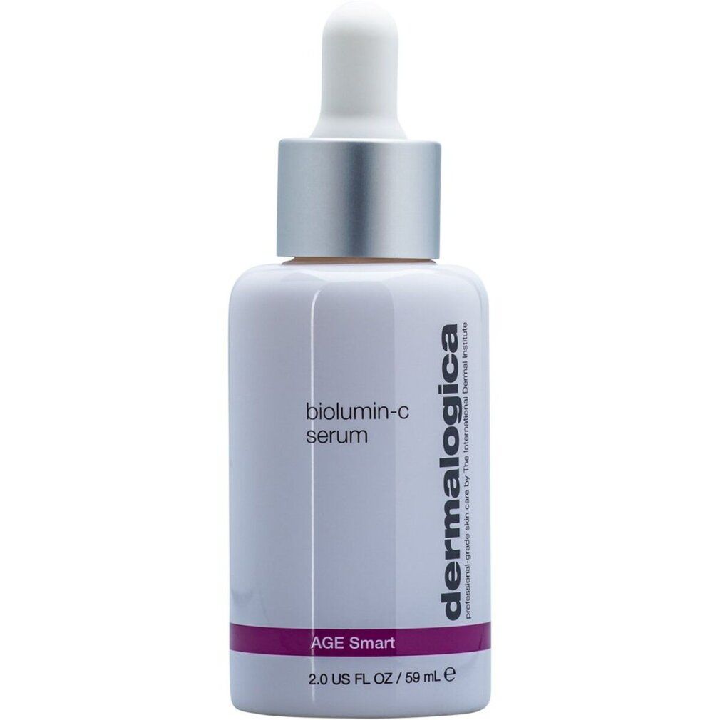 Weiße Flasche mit silbernem Deckel und Pipette. Aufschrift: biolumin-c serum, AGE smart, Dermalogica. 59 ml.
