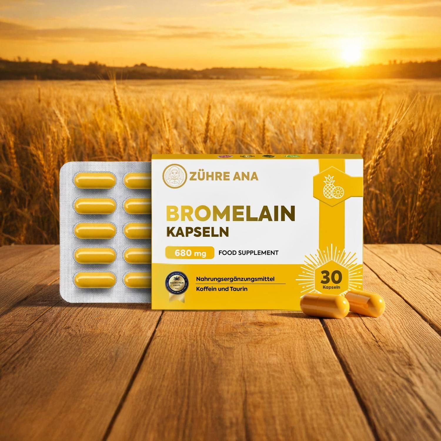 Verpackung mit Bromelain Kapseln, 680 mg, 30 Kapseln. Enthält Koffein und Taurin.