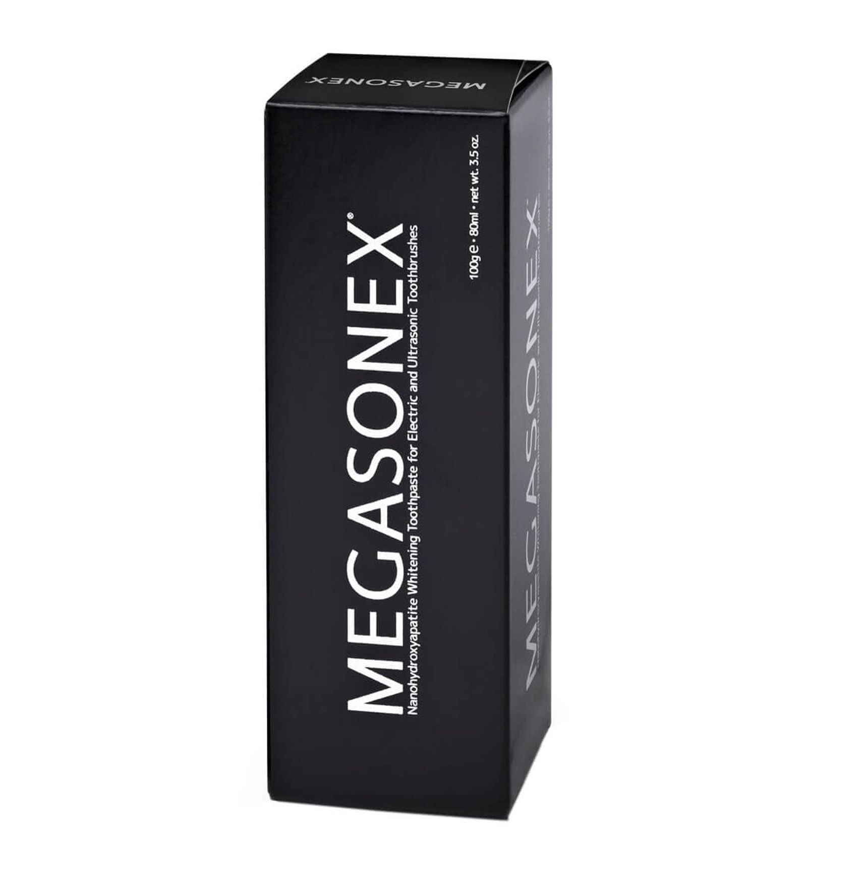 Schwarze Verpackung mit weißem "MEGASONEX"-Logo. Produktname und Informationen. Vertikale Ansicht.