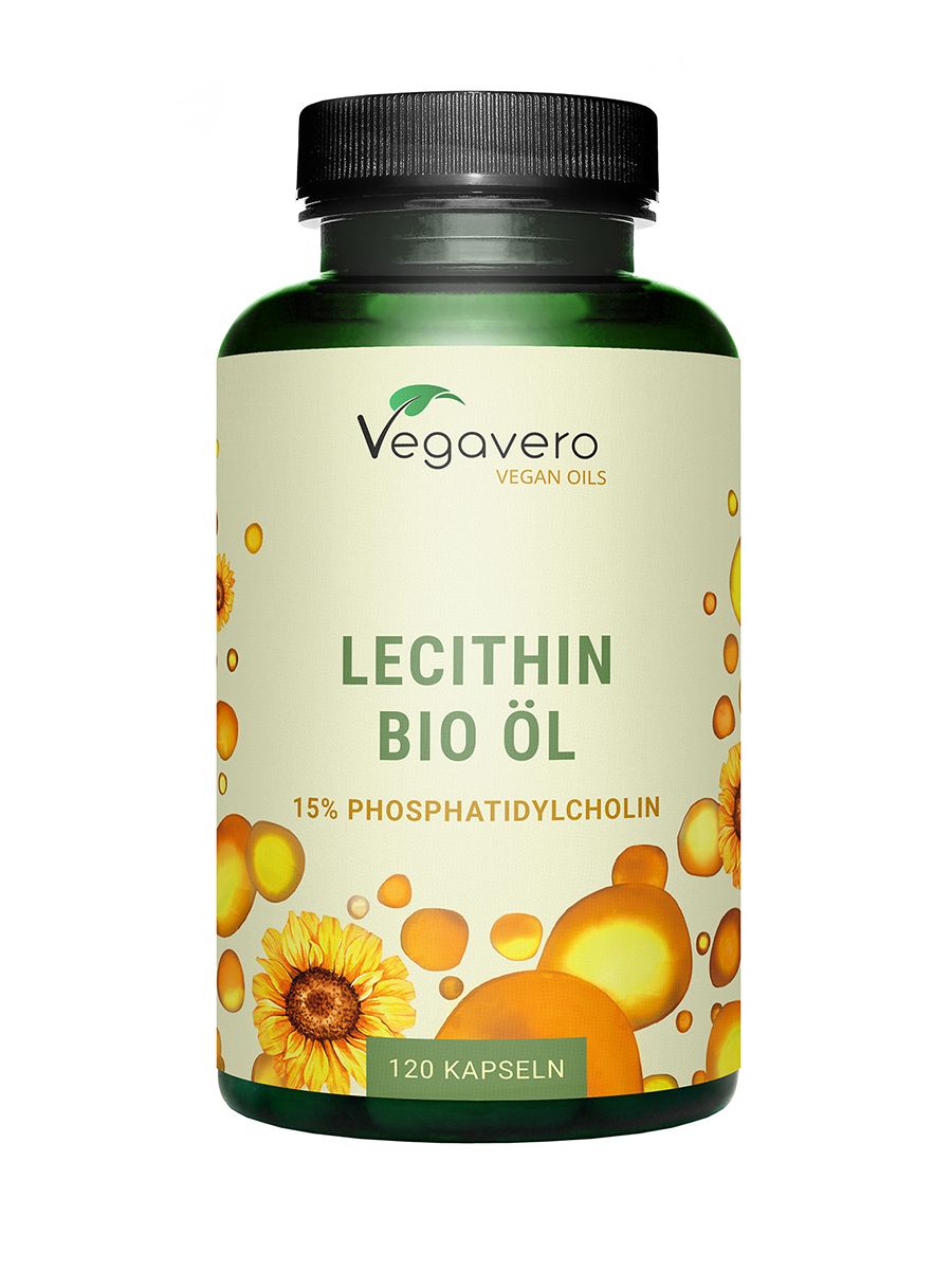 Grüne Flasche mit schwarzen Deckel. Aufschrift: Lecithin BIO Öl, 120 Kapseln. Vegavaro Logo. Sonnenblumen-Illustration.