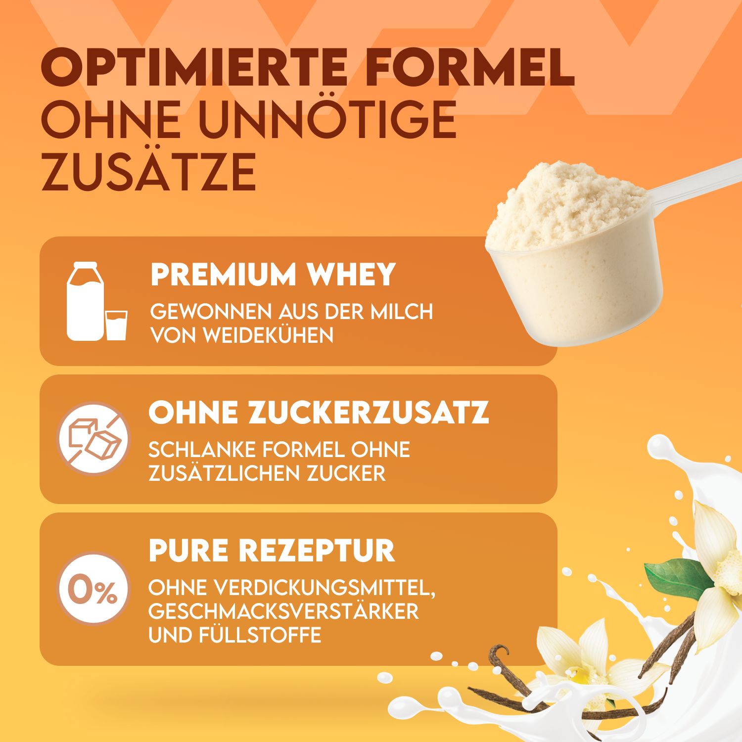 Löffel mit Whey-Proteinpulver. Text: OPTIMIERTE FORMEL OHNE UNNÖTIGE ZUSÄTZE. Premium Whey, ohne Zuckerzusatz, Pure Rezeptur.