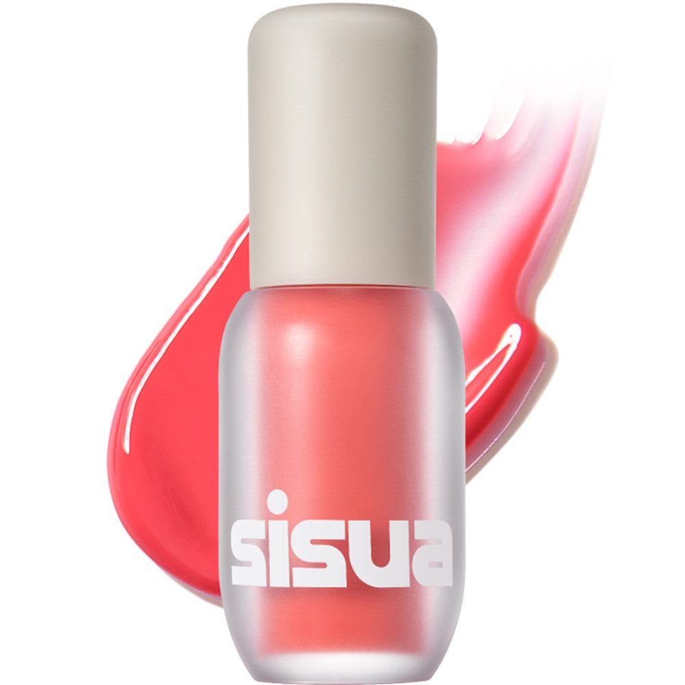 Lippen-Plumper in einer Flasche mit weißem Deckel. Rosa Inhalt. Aufschrift: sisu. Daneben ein rosa Lippen-Plumper-Strich.