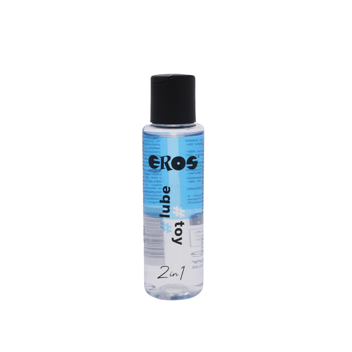 Klarflüssiges Produkt in einer transparenten Flasche. Schwarzer Deckel. Aufschrift "EROS lube toy 2in1".