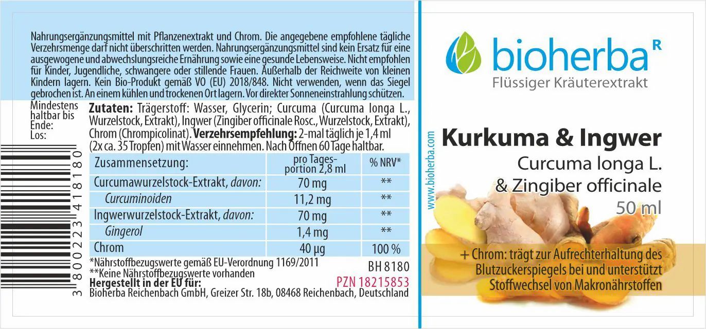 Etikett mit Produktnamen, Logo und Inhaltsstoffen. Enthält Informationen zu Nährwerten und Verzehrempfehlung. Flaschenetikett.