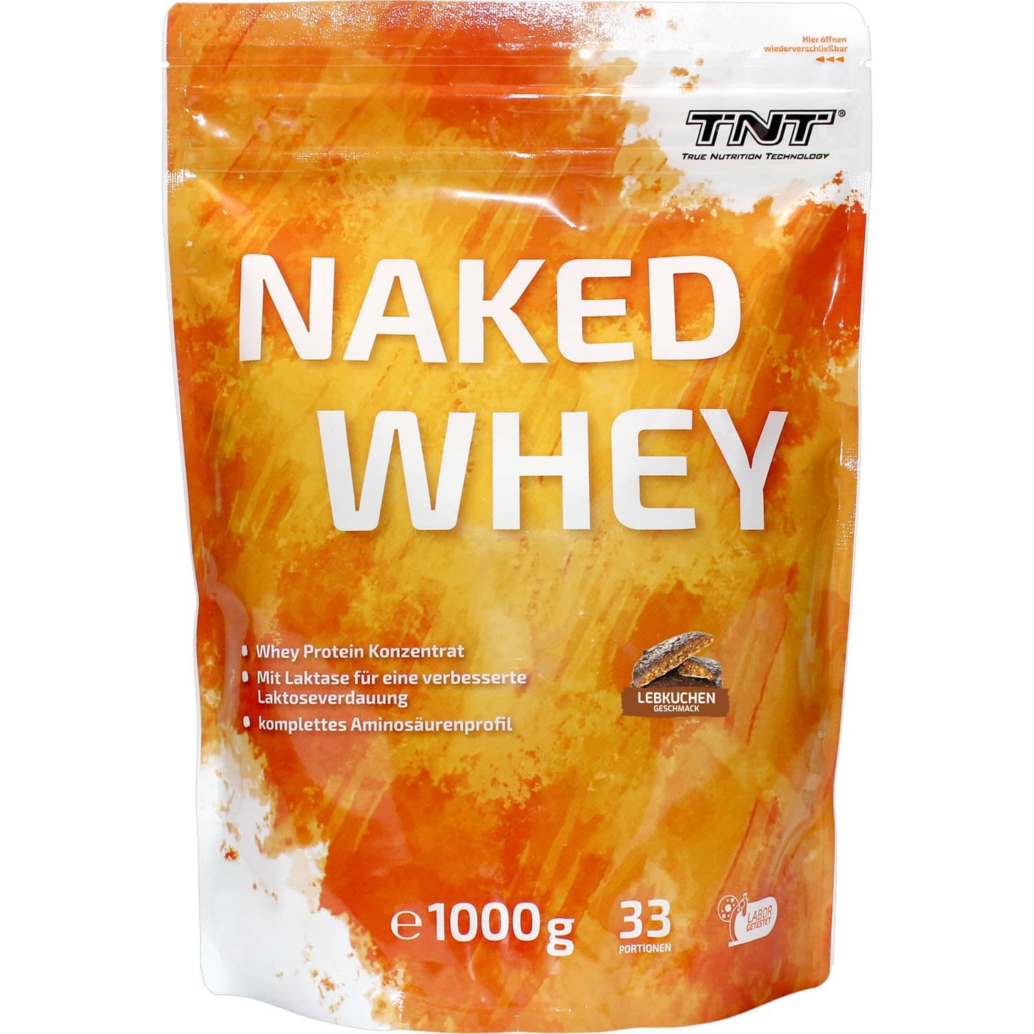 Beutel TNT Naked Whey. Aufschrift: Naked Whey, Molkenproteinkonzentrat, Laktase, Aminosäurenprofil. 1000g, 33 Portionen.