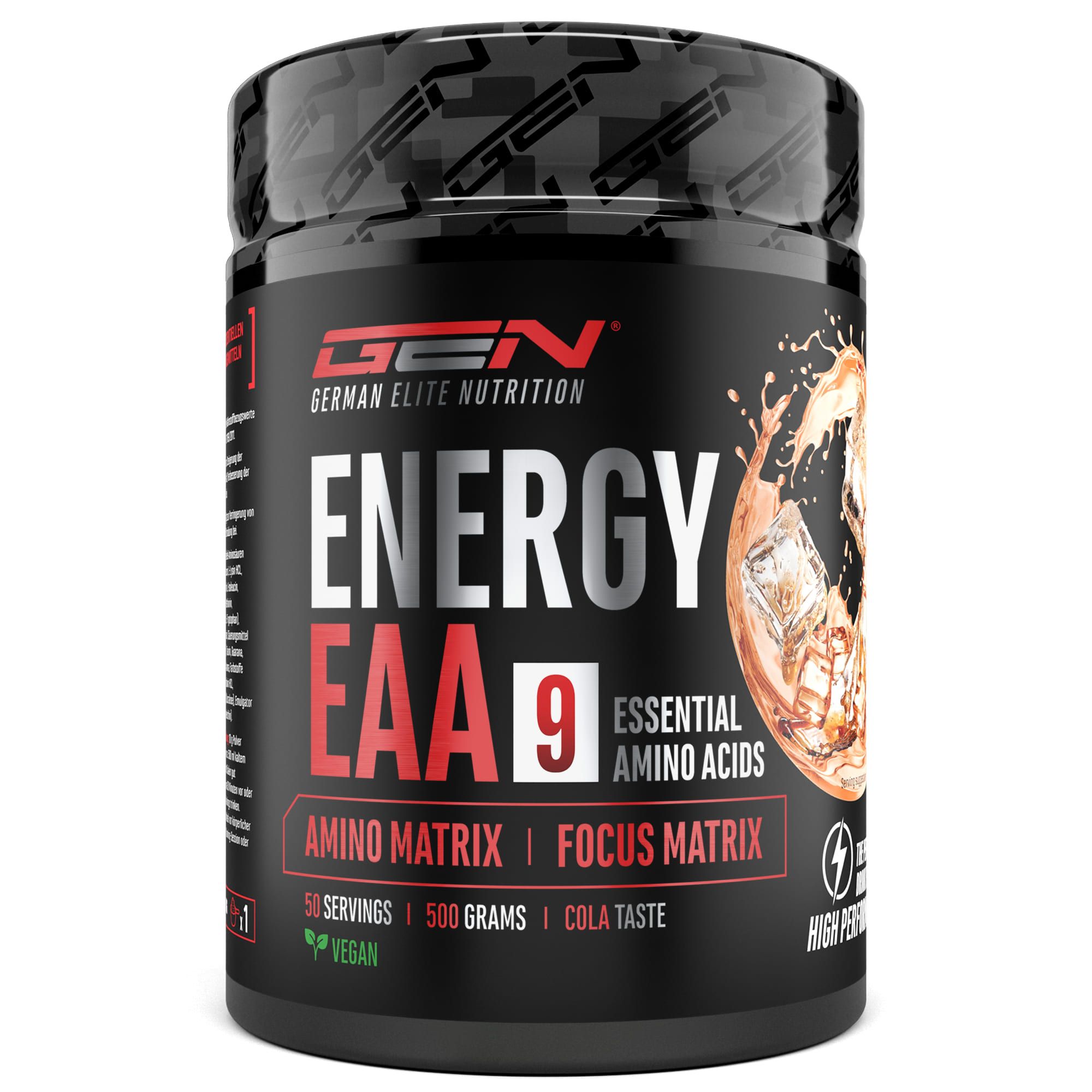 Schwarze Dose mit "GEN Energy EAA 9". Enthält 50 Portionen, 500 Gramm, Cola-Geschmack. Vegan.