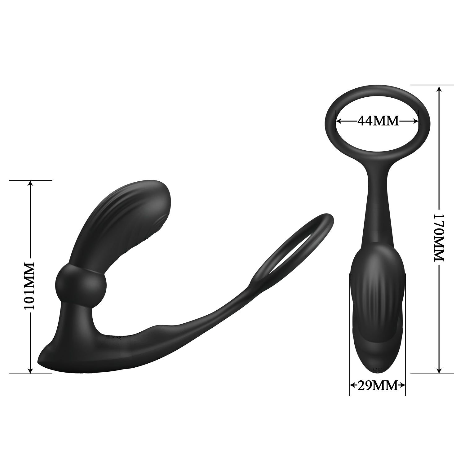 Schwarzer Analring-Vibrator mit Maßen: 101mm Länge, 44mm Ringdurchmesser.