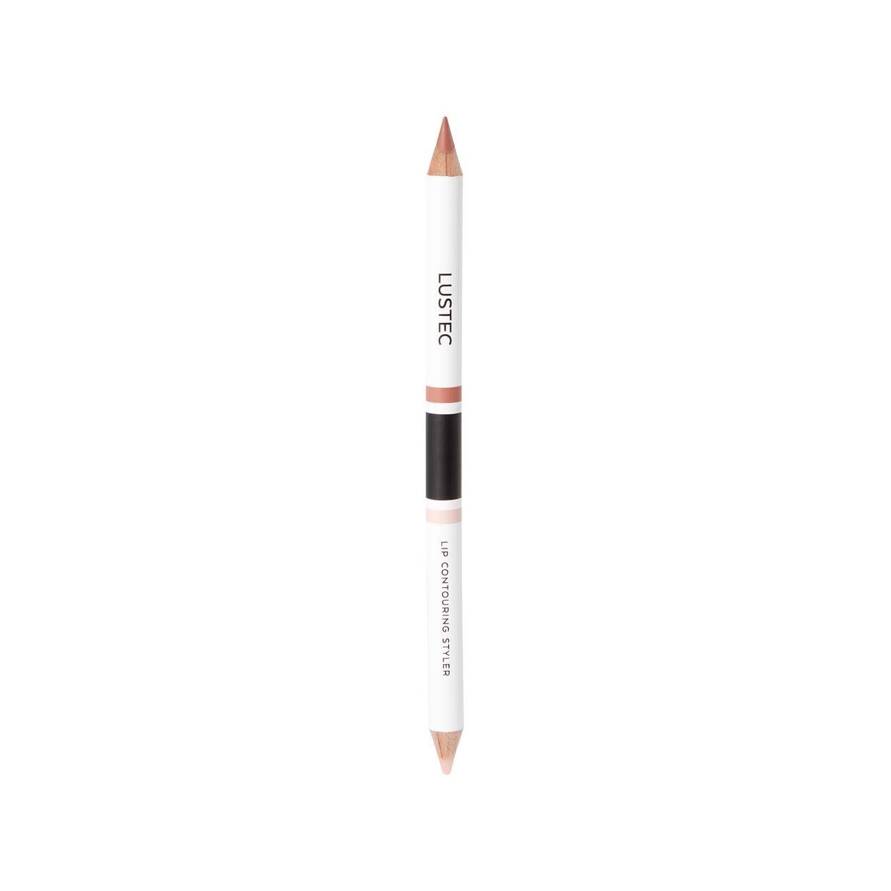 Doppelter Lippenkonturenstift. Weiß, braun, schwarz. Text: LUSTEC, LIP COUNTURING STYLER.