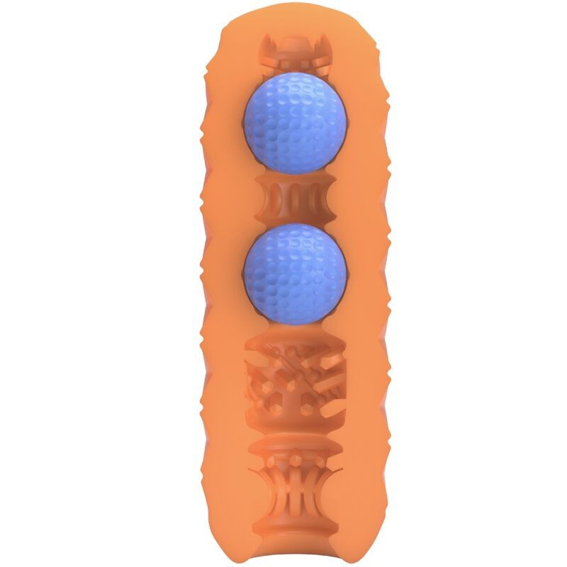 Form aus orangefarbenem Material mit zwei blauen, kugelartigen Elementen. Die Form hat eine längliche Struktur.